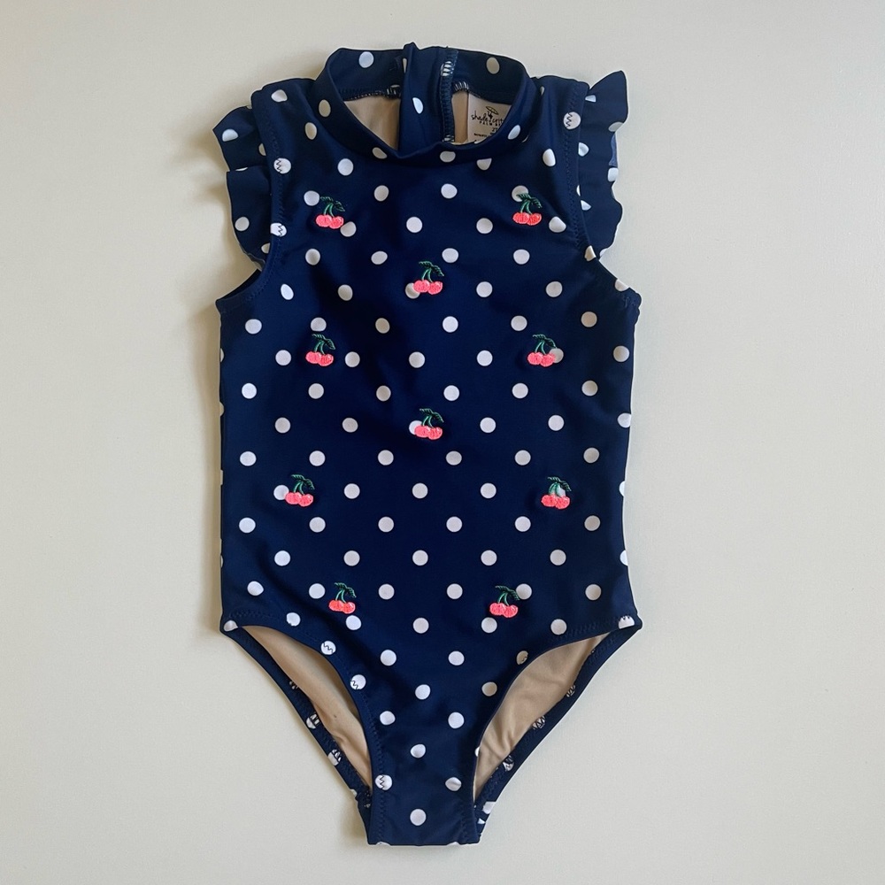 Shade Critters Girl’s Navy Ruffle Shoulder One-piece Swimsuit with Cherries - 2T